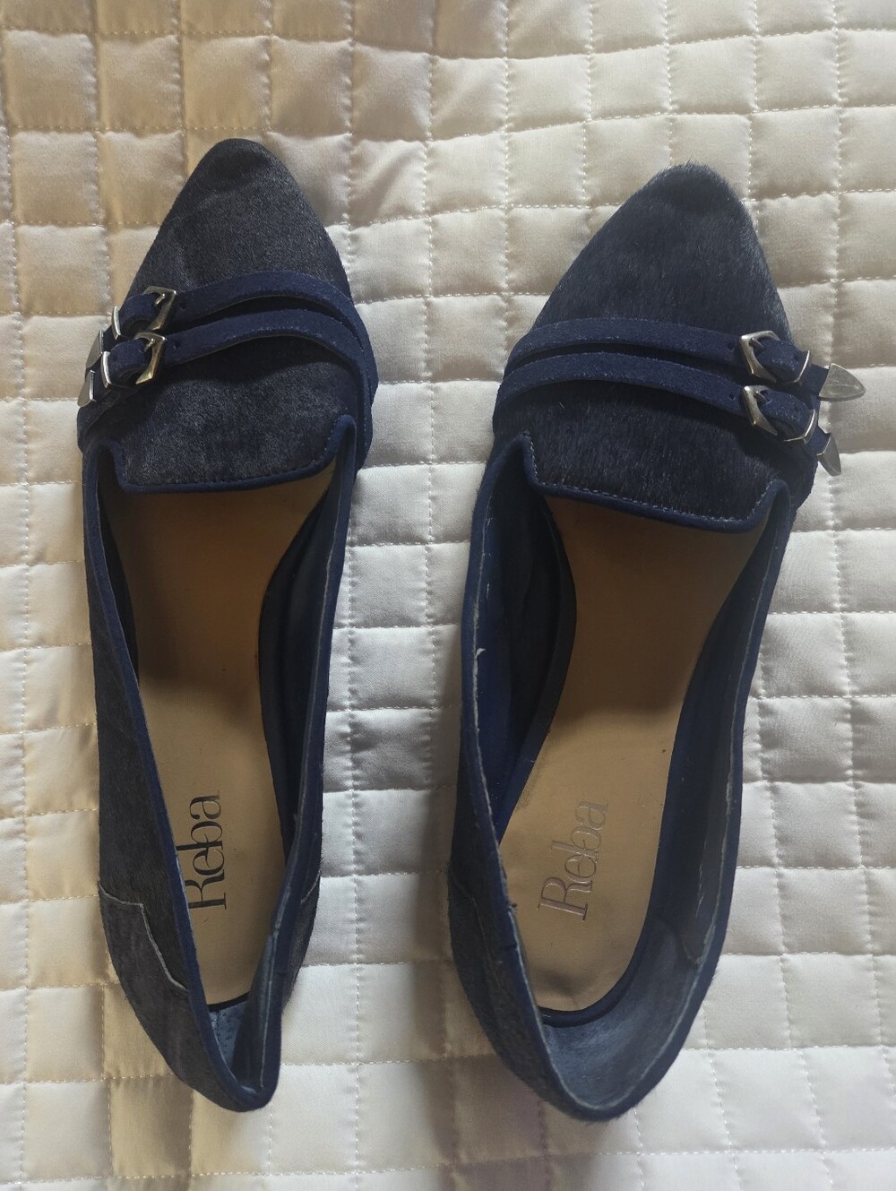 Reba Navy Pointed-Toe Calf-hair Flats. Size 8.5